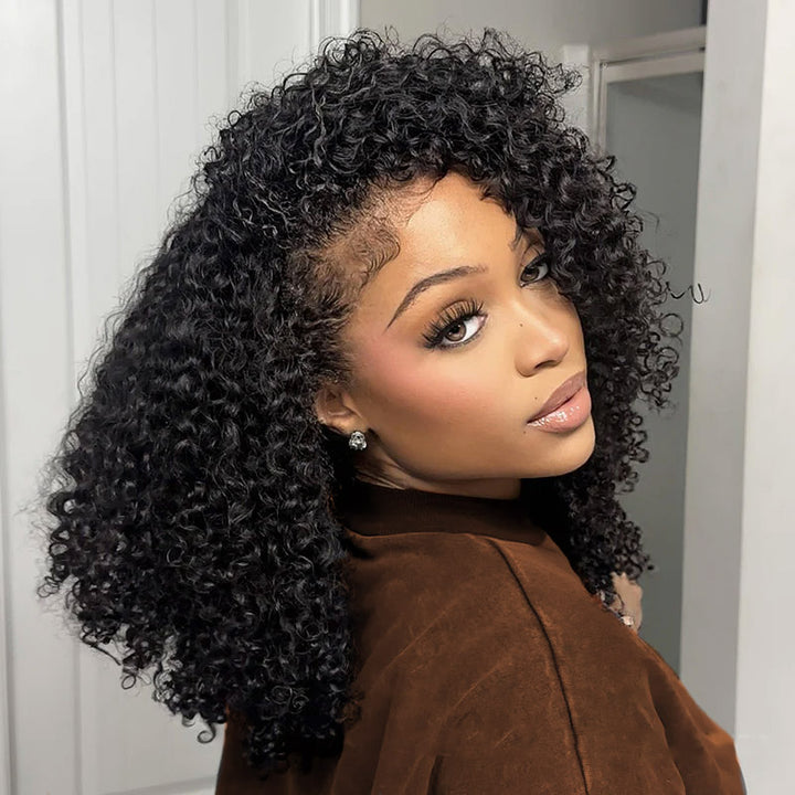 【3 IN 1 HALF WIG】Afro Curly Drawstring With Elastic Band Wig Real Hairline Flip Over Wig Friendly To Beginners Natural Hairline