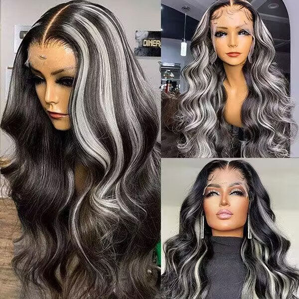 Grey Highlight With Black Color Body Wave 13x4 HD Lace Front Human Hair Wigs