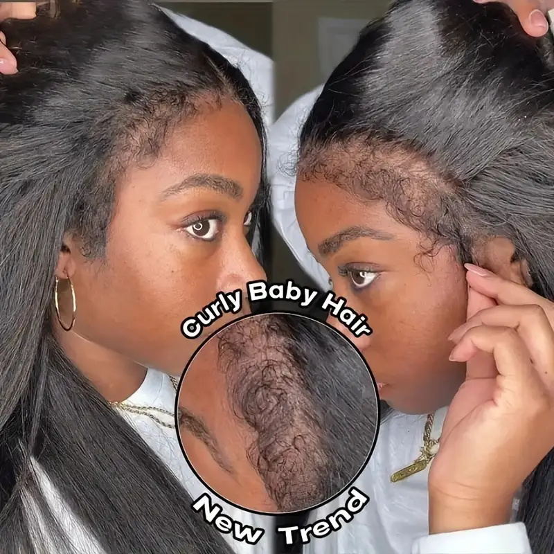 30Inch 4C Hairline Edges Straight Hair 13x4 HD Lace Front Wigs with Curly Baby Hair Human Hair Wig