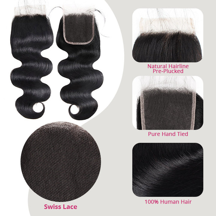Allove 15A Body Wave Hair Bundles with Closure Brazilian Human Hair 3 Bundles with 4x4 Lace Closure Long Lasting