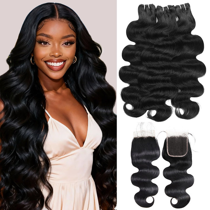 Allove 15A Body Wave Hair Bundles with Closure Brazilian Human Hair 3 Bundles with 4x4 Lace Closure Long Lasting