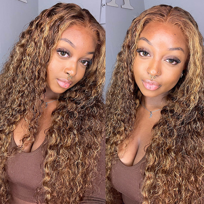 Wear And Go Honey Blonde Ombre Hair Deep Curly 4*4 HD Glueless Lace Front 28 Inch Wig with Pre Plucked
