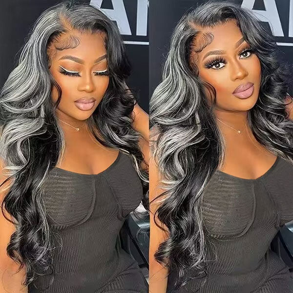 Grey Highlight With Black Color Body Wave 13x4 HD Lace Front Human Hair Wigs