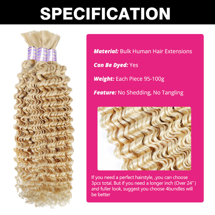 Allove #613 Blonde Deep Wave Bulk Hair Extensions For Braiding 3/4 Bundles