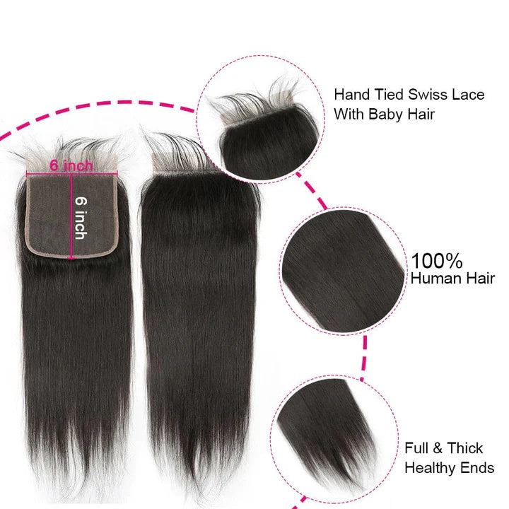 Brazilian Straight Hair 3 Bundles with 6*6 Transparent Lace Closure Human Hair Weave