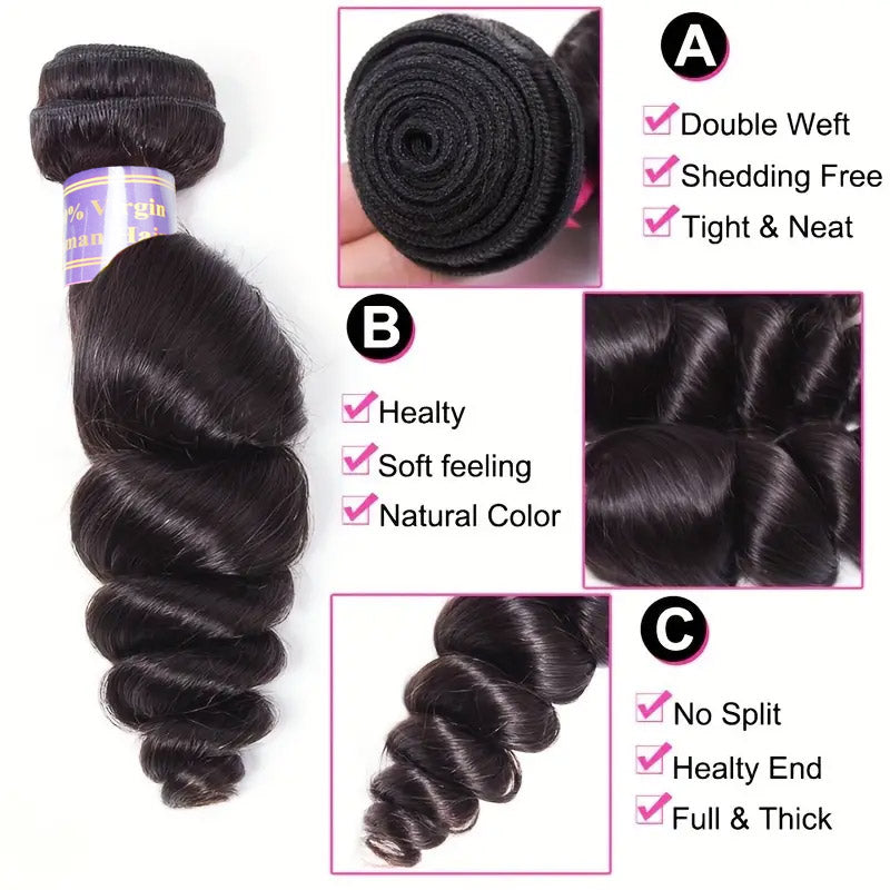 Peruvian Loose Wave Human Hair 3 Bundles With 13x4 HD Lace Frontal Closure