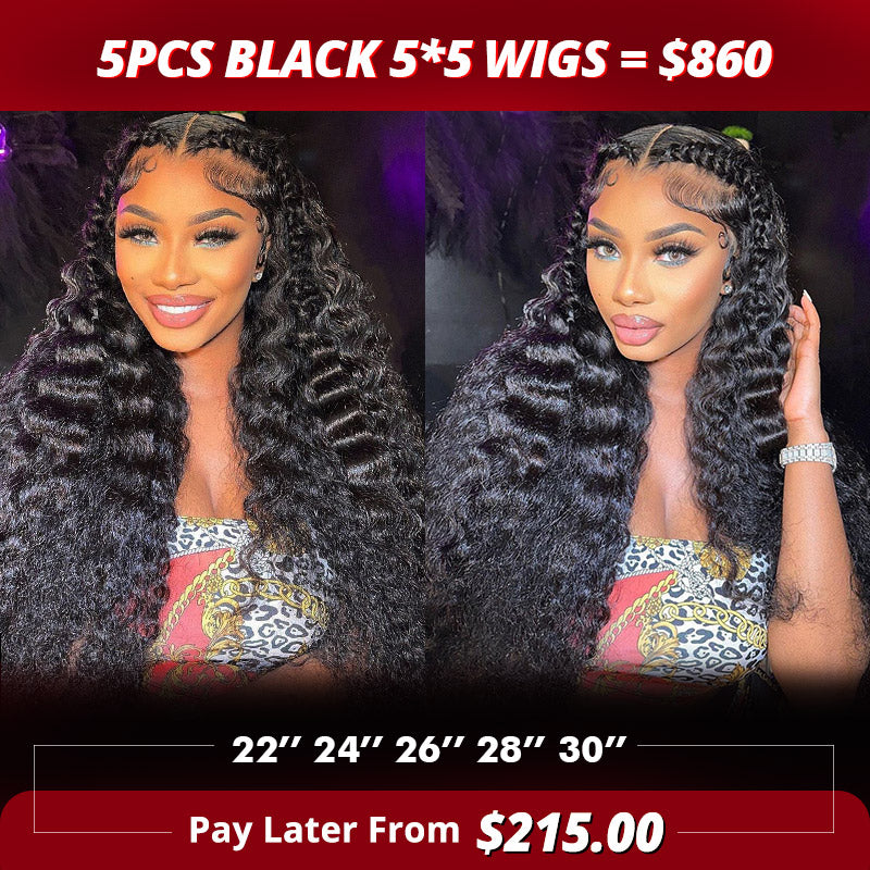 【Allove Hair Wholesale Package Deal】5pcs Black 5*5 Wigs = $860