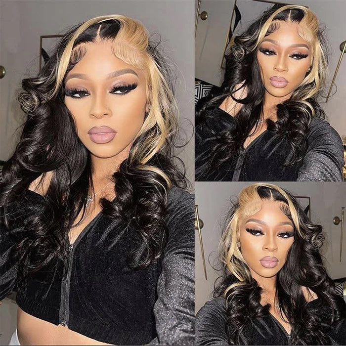 Allove Skunk Stripe Natural Black with 613 Blonde Body Wave 13x4 Transparent Glueless Lace Front Wig