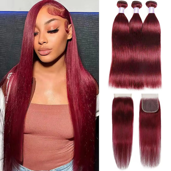 Allove Hair 99J Straight Hair 3 Bundles With Closure Burgundy Dark Wine Red