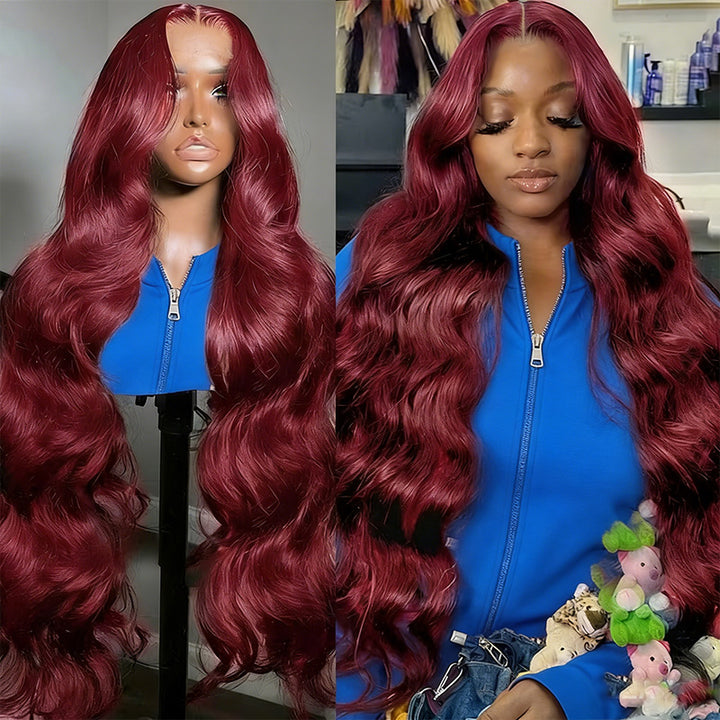 200% Density 99J Burgundy Color Straight And Body Wave 5*5 Glueless Wigs for Beginners Wine Red Wigs