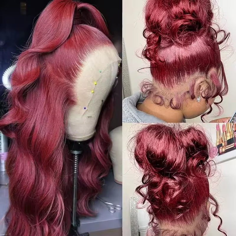 Allove Snug Fit 99J Burgundy Invisi-Pull String 360 Full Lace Frontal Wig Straight Hair/Body Wave Pre Everything Glueless Wigs