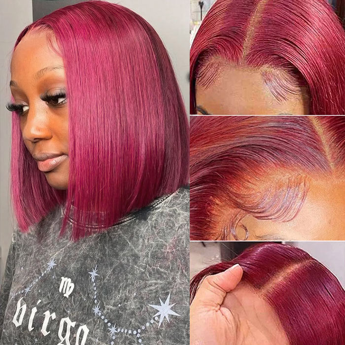 Allove Hair 99J # Color Lace Part Straight Short Bob Human Hair Wig 150% Density
