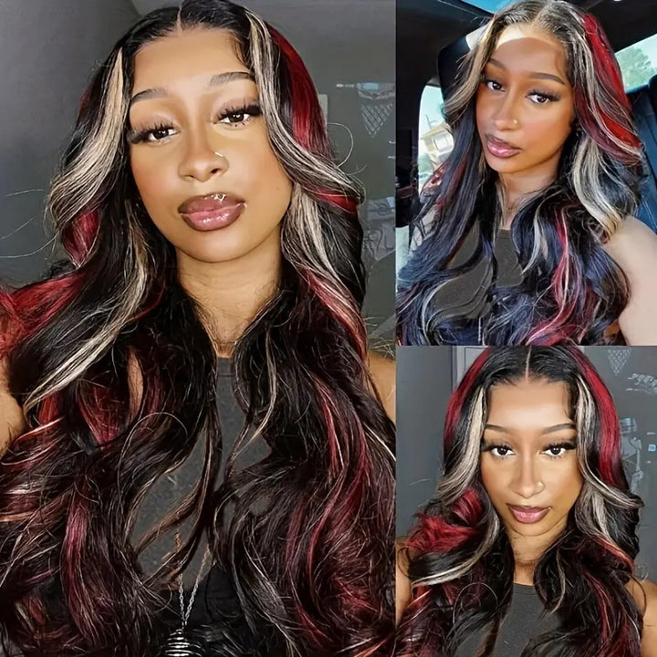 Allove New Pop Highlights Wig 180% Density Burgundy Red And Auburn Mixed Highlights Glueless Wig