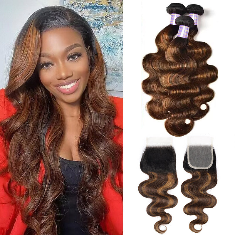 Allove Hair 4x4 Lace Closure With 3 Bundles Body Wave Brown Balayage Color