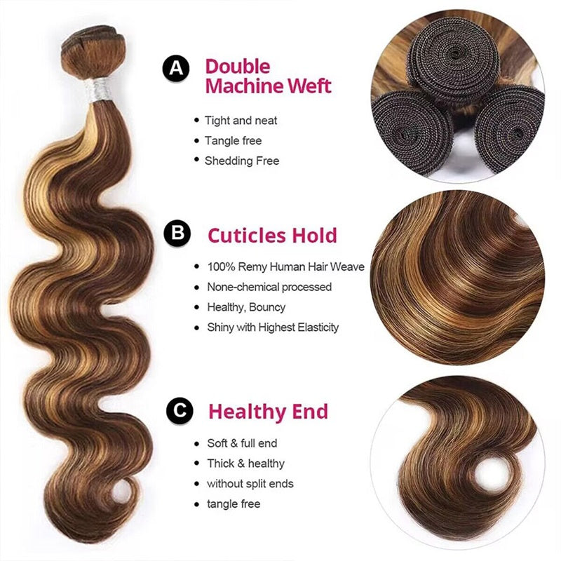 Allove Honey Blonde Body Wave Hair 3 Bundles With 4*4 Lace Closure Human Hair Weave