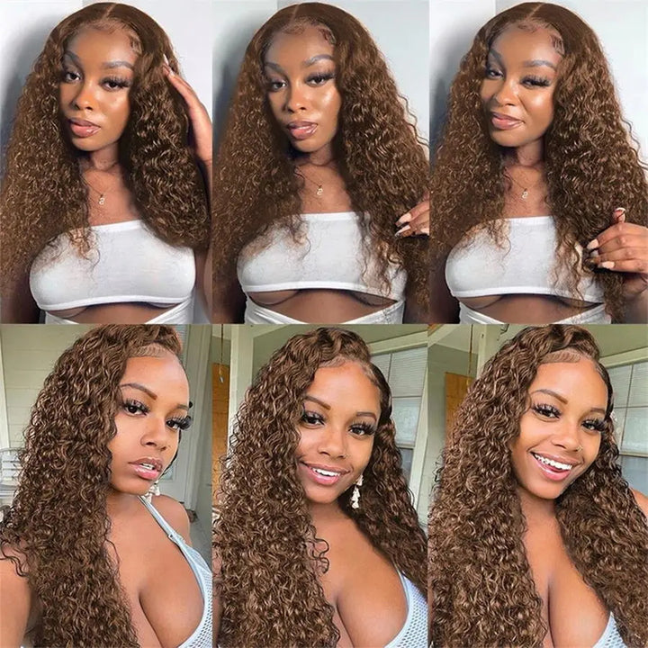 #4 Brown Colored Deep Wave Lace Front Wig 13x4 Transparent Lace Frontal Wig Pre-Plucked Human Hair Wig