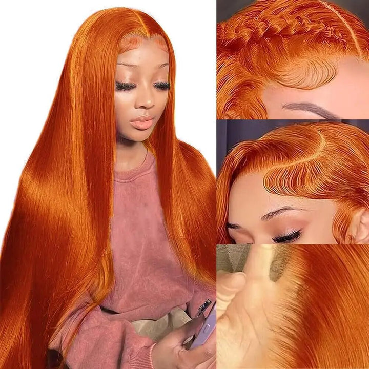 Ginger Color Glueless HD 13x4 Lace Frontal Wigs Brazilian Straight Human Hair Wigs 180% Density