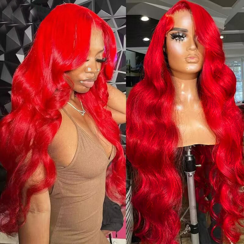 Allove Hair 32 Inch Red Color Body Wave 13x4 HD Glueless Lace Front Wig with Pre Plucked