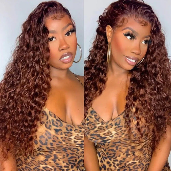 Allove Reddish Brown 33# Color Human Hair Water Wave 13x4 Lace Front Wigs Pre-Plucked Colored Wigs