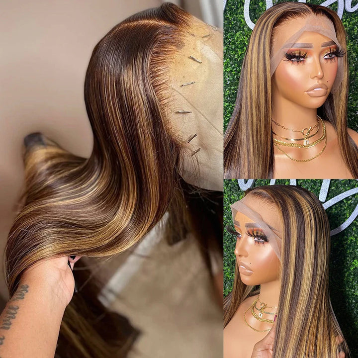 Highlight 4/27 Honey Blonde Straight Hair Wig 180% Density Thick And Full