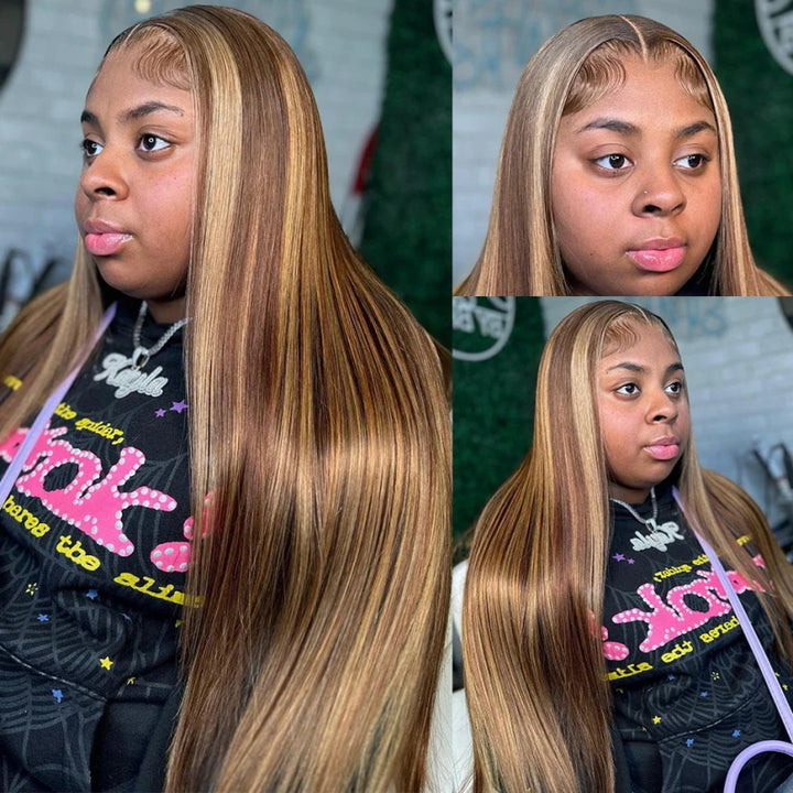 Honey Blonde Straight Hair 3 Bundles With Transparent 13*4 Lace Frontal