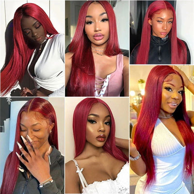 99J Color Hair Straight Lace Part Wigs Wine Red Human Hair Wigs for Women