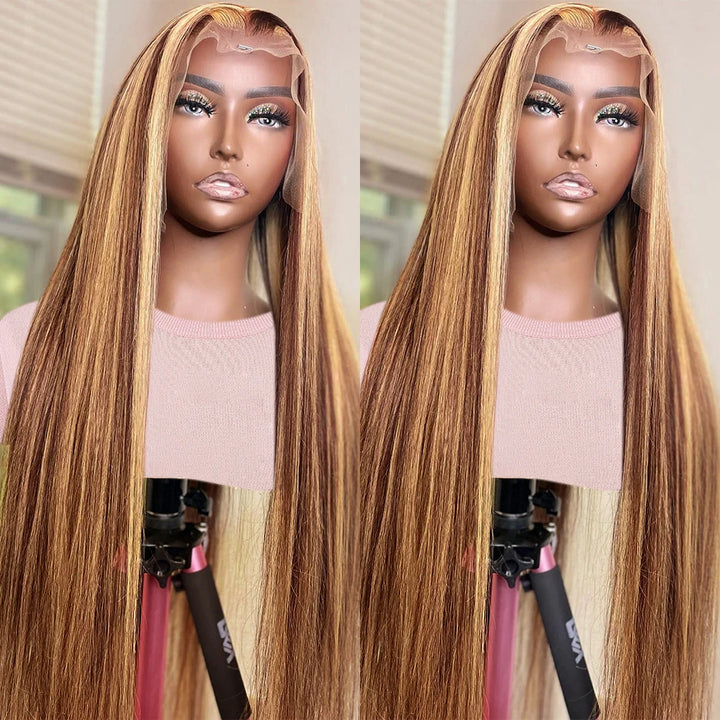 Highlight 4/27 Honey Blonde Straight Hair Wig 180% Density Thick And Full