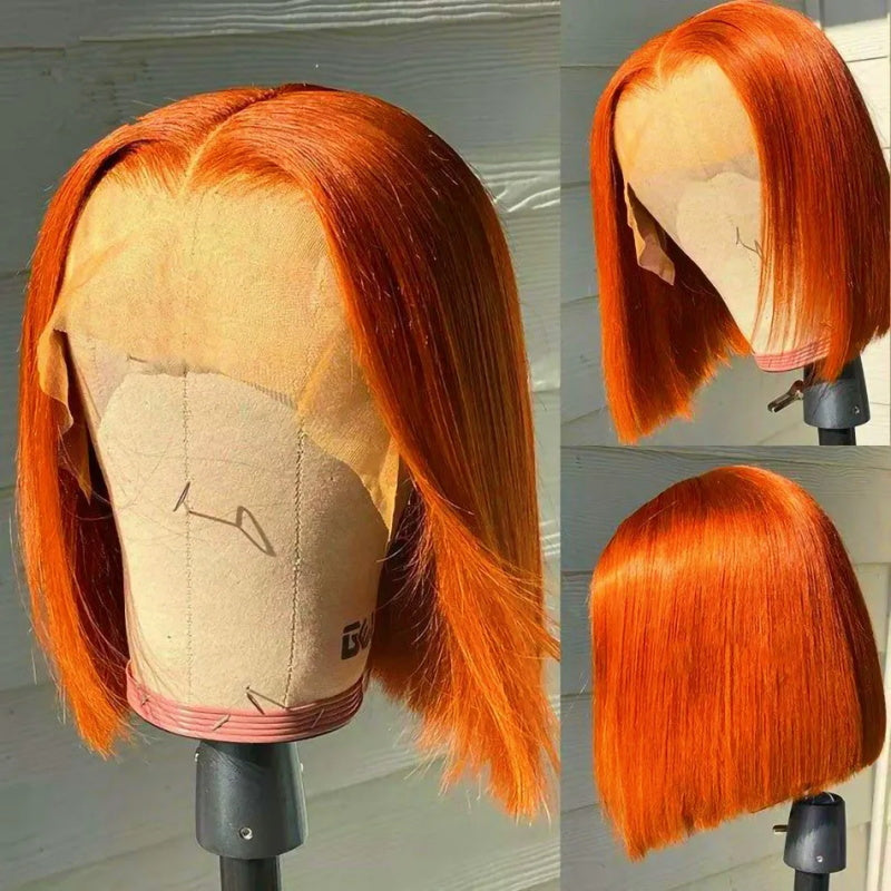 Orange Ginger Color Short Bob Straight Hair 13x4x1 Lace Part Human Hair Wigs