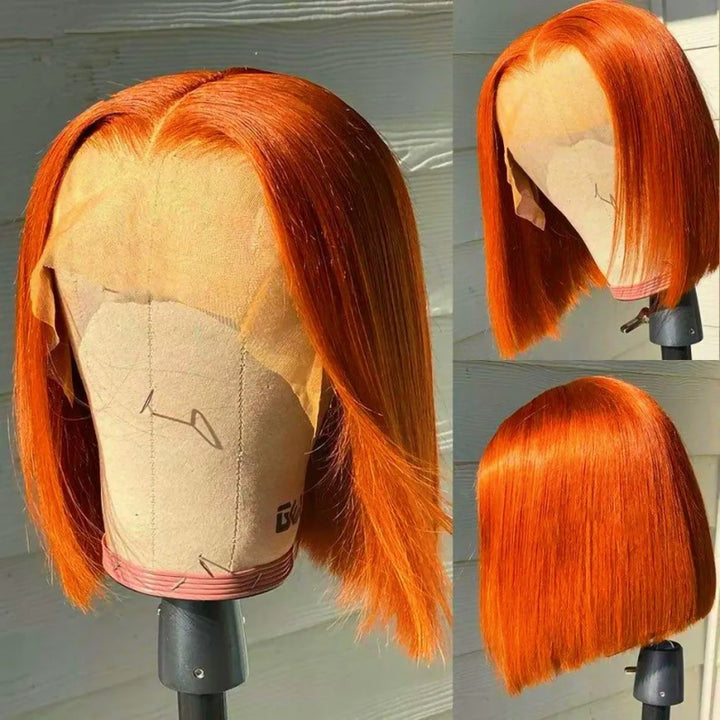 Orange Ginger Color Short Bob Straight Hair 13x4x1 Lace Part Human Hair Wigs