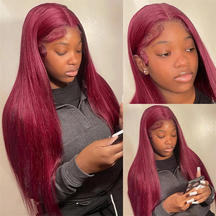 Allove Hair 99J Straight Hair 3 Bundles With Closure Burgundy Dark Wine Red