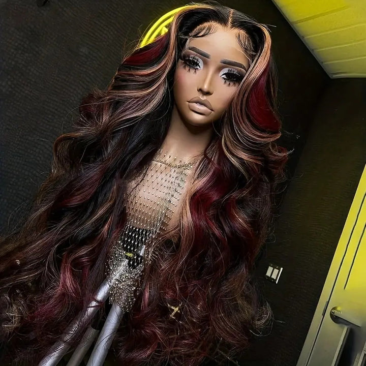 Allove New Pop Highlights Wig 180% Density Burgundy Red And Auburn Mixed Highlights Glueless Wig