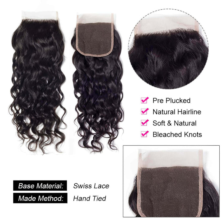 Allove Hair Brazilian Water Wave 3 Bundles With 4*4 Lace Closure