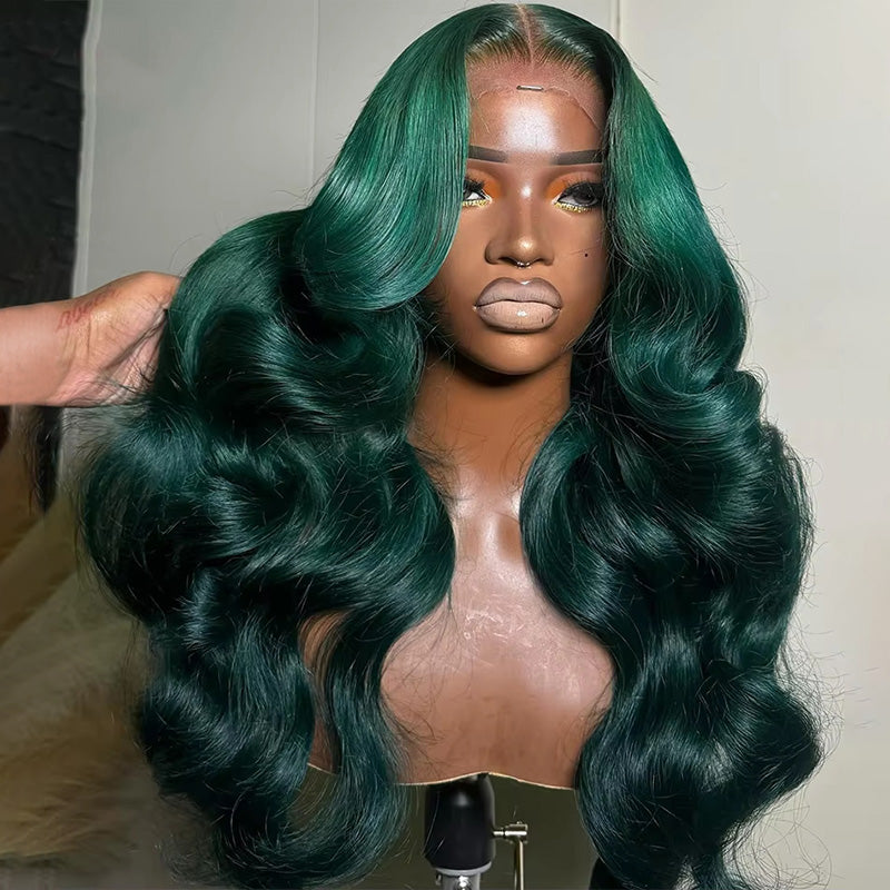Allove Dark Green Colored Body Wave 13x4/13x6 Full Lace Front Human Hair Wigs 180% Density Transparent For Black Women