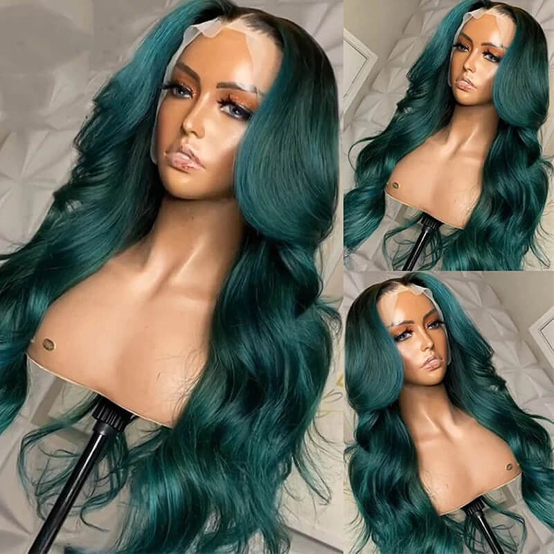 Allove Dark Green Colored Body Wave 13x4/13x6 Full Lace Front Human Hair Wigs 180% Density Transparent For Black Women