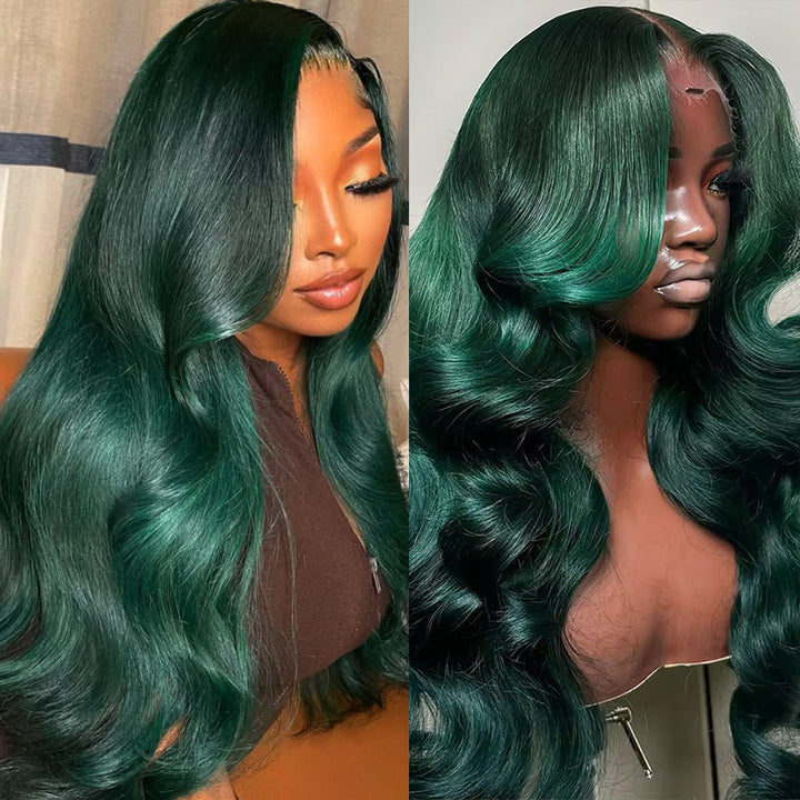 Allove Dark Green Colored Body Wave 13x4/13x6 Full Lace Front Human Hair Wigs 180% Density Transparent For Black Women