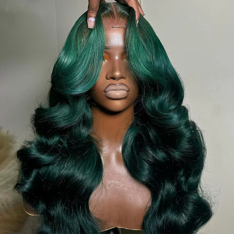 Allove Dark Green Colored Body Wave 13x4/13x6 Full Lace Front Human Hair Wigs 180% Density Transparent For Black Women