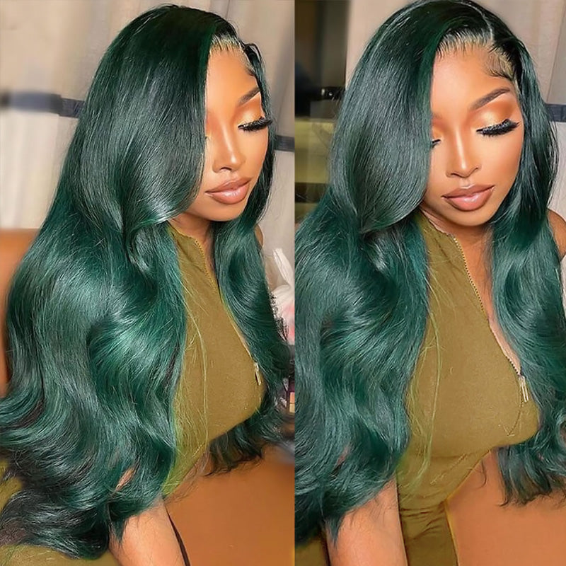 Allove Dark Green Colored Body Wave 13x4/13x6 Full Lace Front Human Hair Wigs 180% Density Transparent For Black Women
