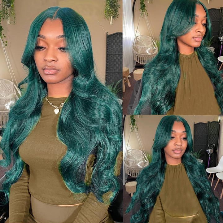 Allove Dark Green Colored Body Wave 13x4/13x6 Full Lace Front Human Hair Wigs 180% Density Transparent For Black Women