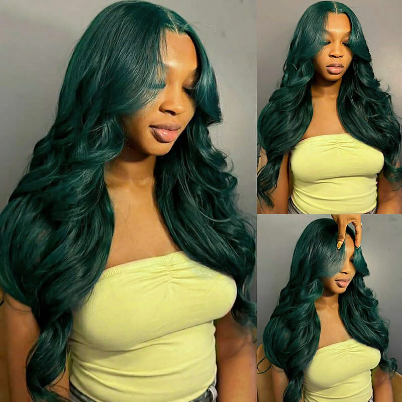 Allove Dark Green Colored Body Wave 13x4/13x6 Full Lace Front Human Hair Wigs 180% Density Transparent For Black Women