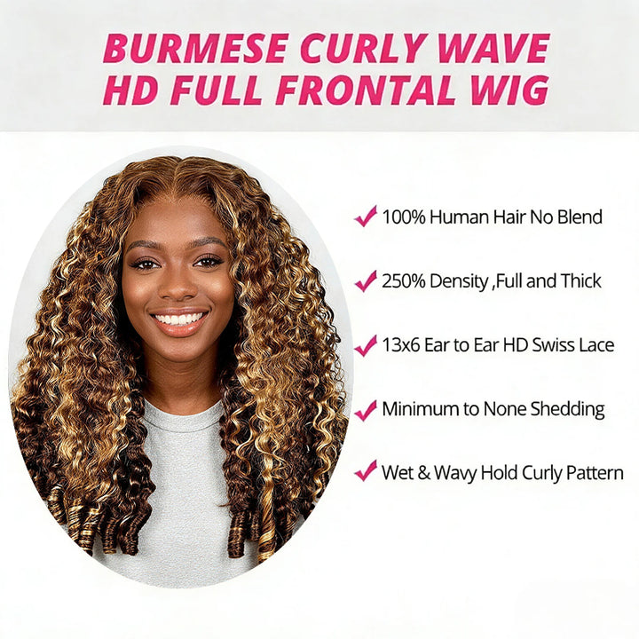 Allove Hair 250% Density Highlight Honey Blonde Burmese Curly Wig