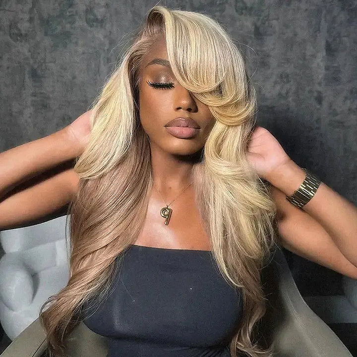 Allove Hair Champagne and Brown Ombre Colored 13x4 Lace Front Body Wave Glueless Wigs with Pre-Plucked