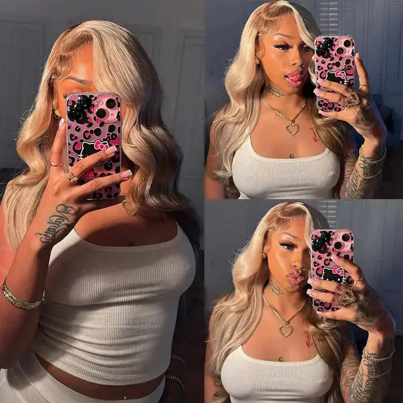 Allove Hair Champagne and Brown Ombre Colored 13x4 Lace Front Body Wave Glueless Wigs with Pre-Plucked