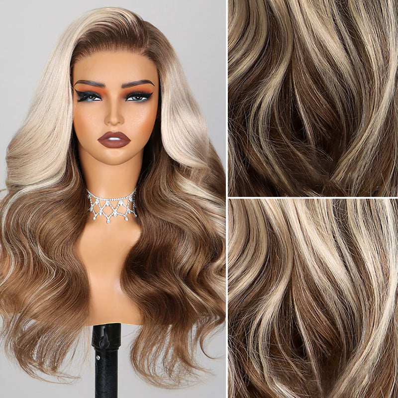 Allove Hair Champagne and Brown Ombre Colored 13x4 Lace Front Body Wave Glueless Wigs with Pre-Plucked