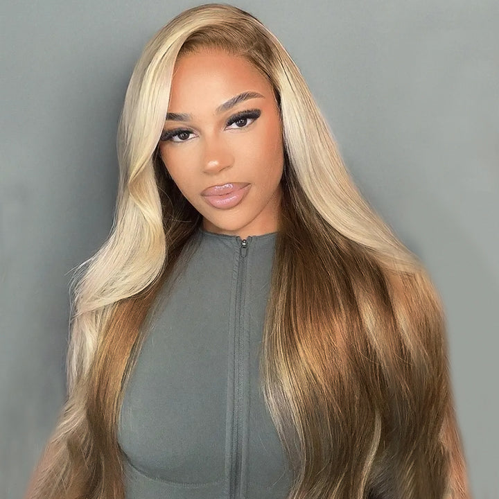Allove Hair Champagne and Brown Ombre Colored 13x4 Lace Front Body Wave Glueless Wigs with Pre-Plucked