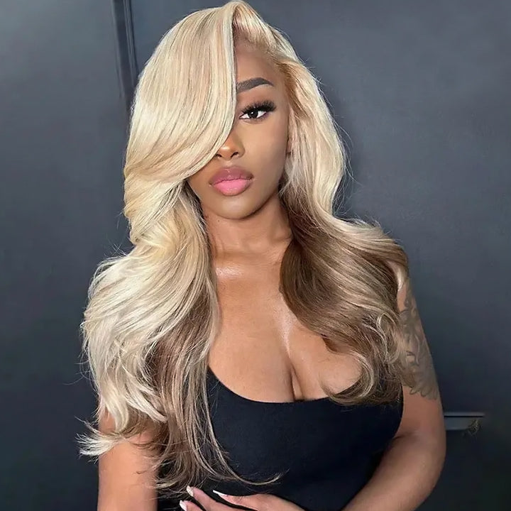 Allove Hair Champagne and Brown Ombre Colored 13x4 Lace Front Body Wave Glueless Wigs with Pre-Plucked