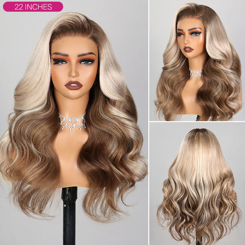 Allove Hair Champagne and Brown Ombre Colored 13x4 Lace Front Body Wave Glueless Wigs with Pre-Plucked