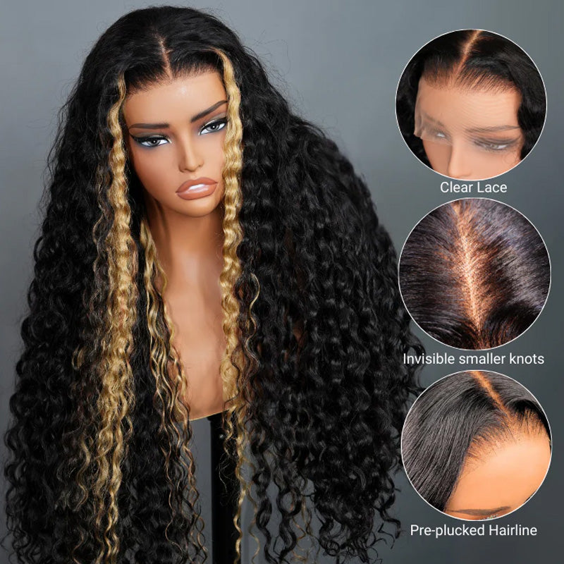 Allove Highlight Blonde Glueless 13x4 Transparent Lace Front Deep Wave Wig Human Hair Pre Plucked - AlloveHair