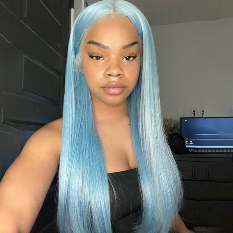 Allove Lake Brilliant Blue Color Straight Hair 13x4/13x6 Full Lace Front Human Hair Wigs 180% Density