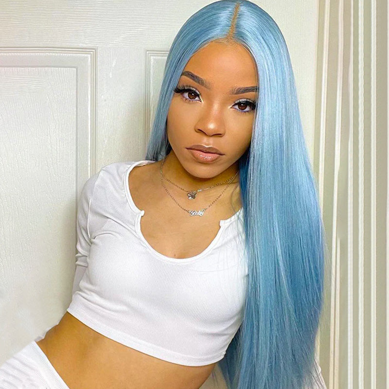 Allove Lake Brilliant Blue Color Straight Hair 13x4/13x6 Full Lace Front Human Hair Wigs 180% Density