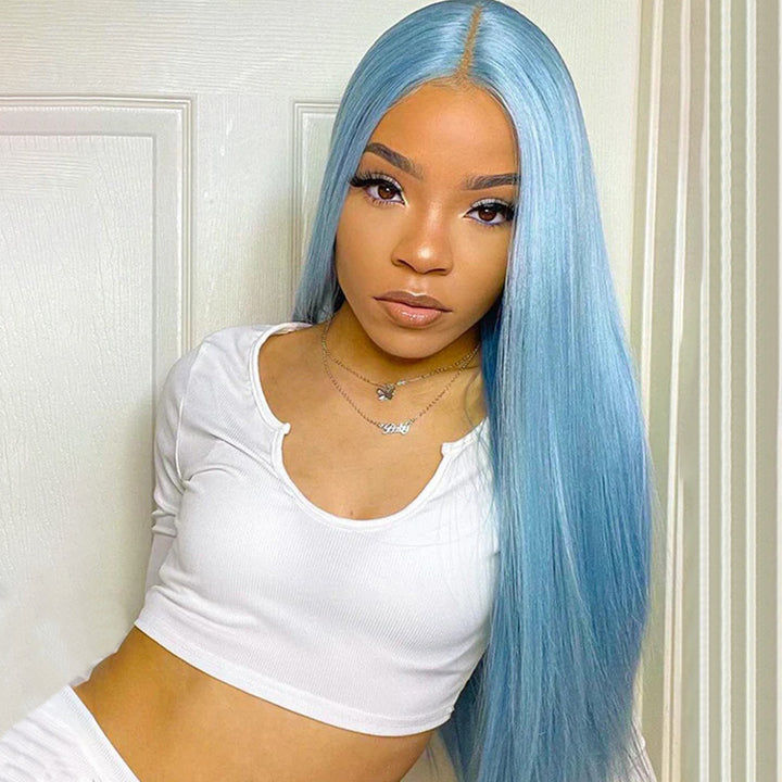 Allove Lake Brilliant Blue Color Straight Hair 13x4/13x6 Full Lace Front Human Hair Wigs 180% Density